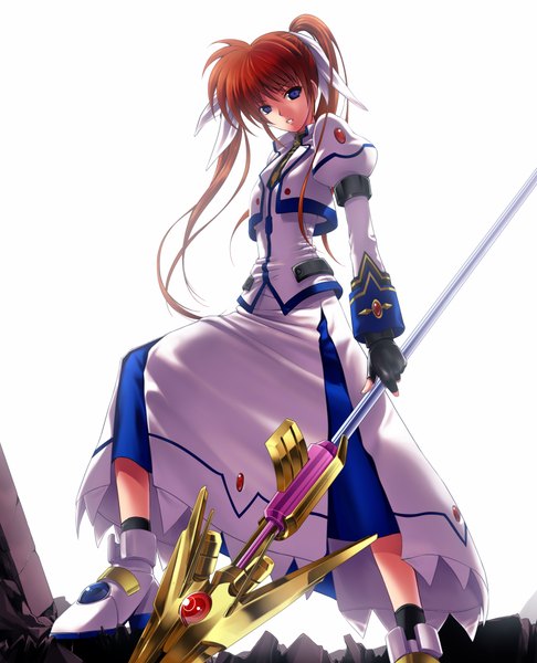 Anime picture 1620x2000 with mahou shoujo lyrical nanoha mahou shoujo lyrical nanoha strikers takamachi nanoha 40010prototype single long hair tall image blue eyes simple background white background ponytail red hair girl weapon fingerless gloves suit spear