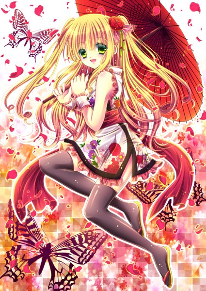 Anime picture 1000x1413 with original momomiya mion long hair tall image blush open mouth blonde hair green eyes japanese clothes hair flower girl thighhighs hair ornament black thighhighs petals kimono insect butterfly umbrella obi