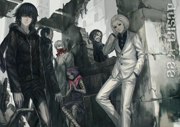 Anime picture 1000x707 with tokyo ghoul studio pierrot kirishima ayato naki (tokyo ghoul) tatara (tokyo kushu) eto (tokyo kushu) noro (tokyo kushu) infukun long hair looking at viewer fringe black hair standing sitting looking away bent knee (knees) white hair ponytail black eyes crossed legs