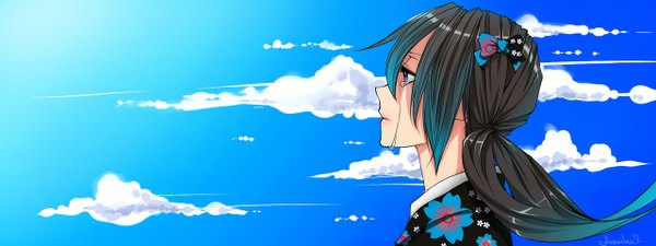 Anime picture 1280x480 with revolmxd single long hair blue eyes wide image purple eyes sky cloud (clouds) japanese clothes profile grey hair aqua hair tears crying girl hair ornament kimono hairclip