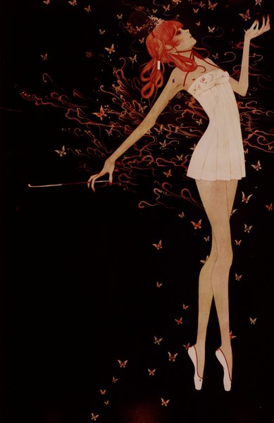 Anime picture 2267x3493 with original jeong soo-young (artist) single tall image highres simple background orange hair black background looking up smoking dancing ballerina ballet girl dress white dress insect butterfly crown tiara