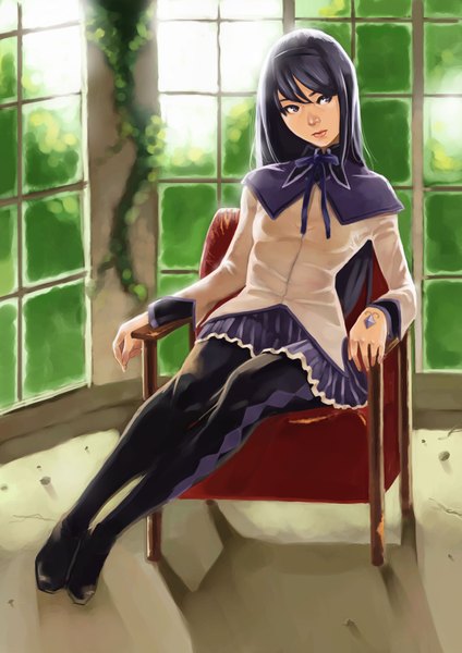 Anime picture 2893x4092 with mahou shoujo madoka magica shaft (studio) akemi homura yomu (sgt epper) single long hair tall image highres black hair sitting purple eyes looking away magical girl girl skirt ribbon (ribbons) miniskirt pantyhose hairband blouse