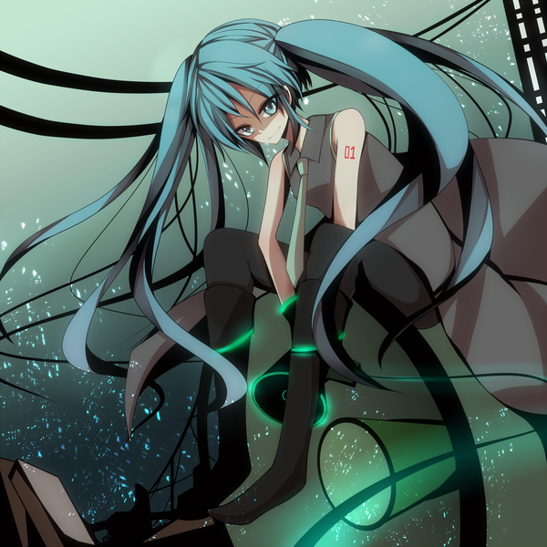 Anime picture 1750x1750 with vocaloid hatsune miku bloodcatblack (tsukiko) single long hair highres sitting twintails aqua eyes aqua hair girl necktie boots