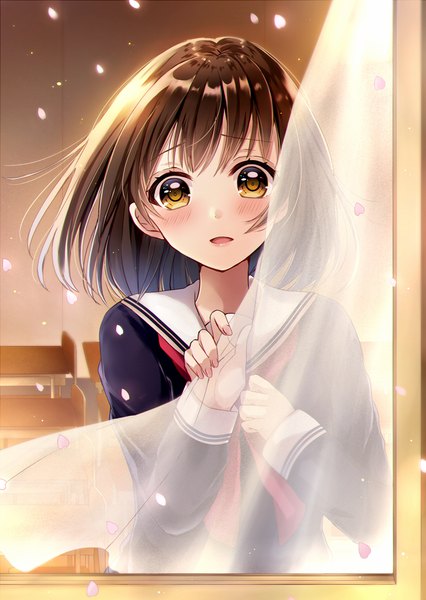 Anime picture 844x1188 with original sakura hiyori single tall image looking at viewer blush short hair open mouth brown hair brown eyes girl uniform school uniform petals