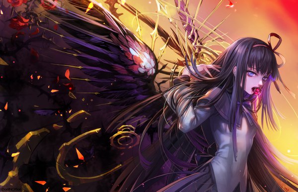 Anime picture 1200x773 with mahou shoujo madoka magica shaft (studio) akemi homura oollnoxlloo single long hair open mouth blue eyes black hair purple eyes holding arm up mouth hold black wings girl uniform ribbon (ribbons) hair ribbon school uniform wings