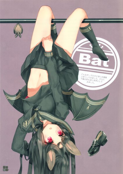 Anime picture 2132x3034 with original kawaku single long hair tall image highres light erotic black hair red eyes animal ears looking away full body pleated skirt scan no shoes text arm behind head covering bat wings upside down