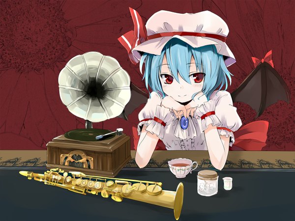 Anime picture 1600x1200 with touhou remilia scarlet gotyou single looking at viewer highres short hair red eyes blue hair bat wings girl hat wings musical instrument tea phonograph trumpet