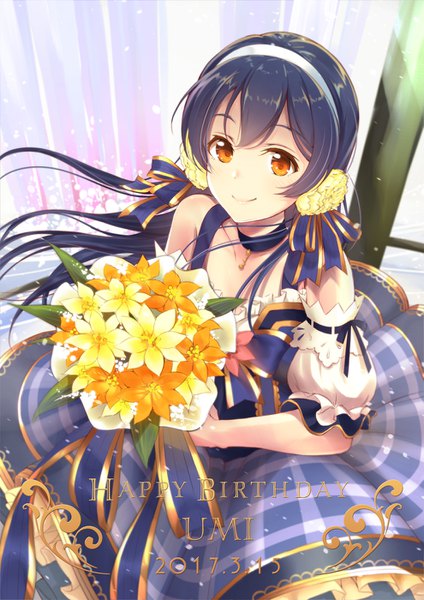 Anime picture 990x1400 with love live! school idol project sunrise (studio) love live! sonoda umi cowengium single long hair tall image looking at viewer fringe smile hair between eyes holding payot blue hair hair flower orange eyes puffy sleeves character names floating hair