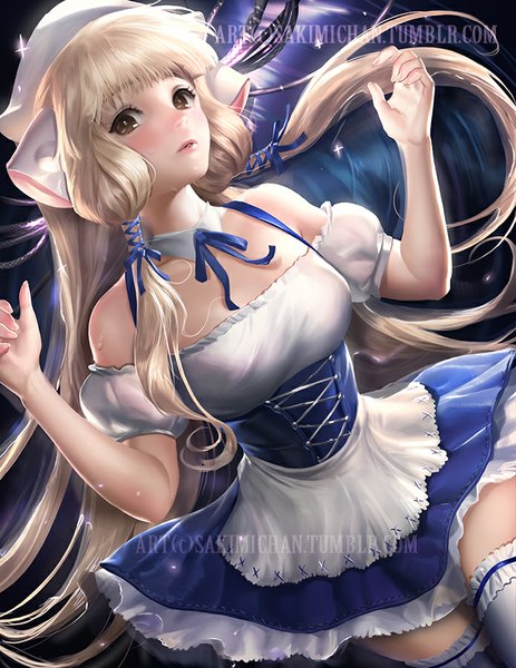 Anime picture 695x900 with chobits chii sakimichan single tall image looking at viewer fringe blonde hair bare shoulders brown eyes signed very long hair from above realistic watermark waitress girl thighhighs ribbon (ribbons) hair ribbon