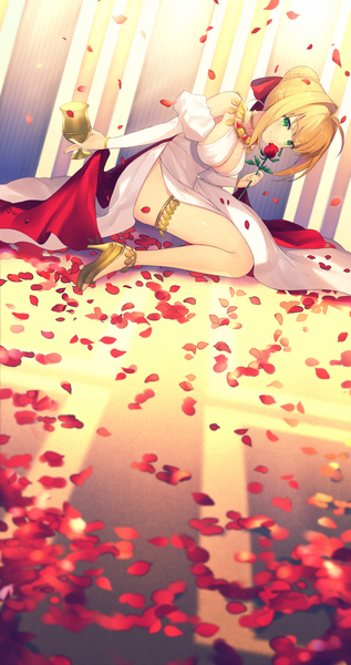 Anime picture 1200x2266 with fate (series) fate/extra nero claudius (fate) (all) nero claudius (fate) achiki single tall image looking at viewer short hair breasts light erotic blonde hair smile large breasts holding green eyes payot cleavage ahoge braid (braids)