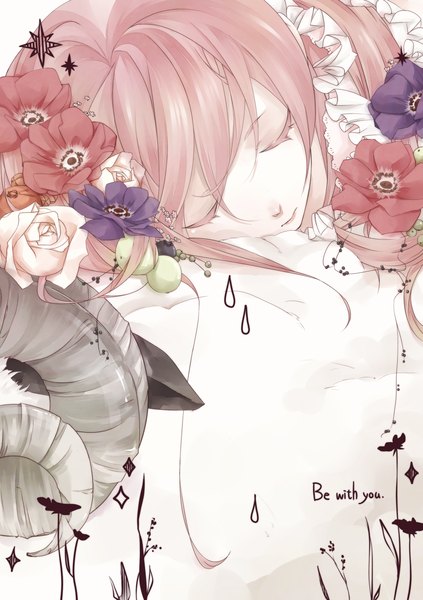 Anime picture 1748x2480 with original sekiyu single long hair tall image blush highres pink hair lying eyes closed horn (horns) inscription face sleeping girl flower (flowers) animal frills rose (roses)