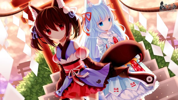 Anime picture 1920x1080 with original moseley long hair looking at viewer highres short hair blue eyes black hair red eyes wide image twintails multiple girls animal ears blue hair looking away loli short twintails girl dress ribbon (ribbons)