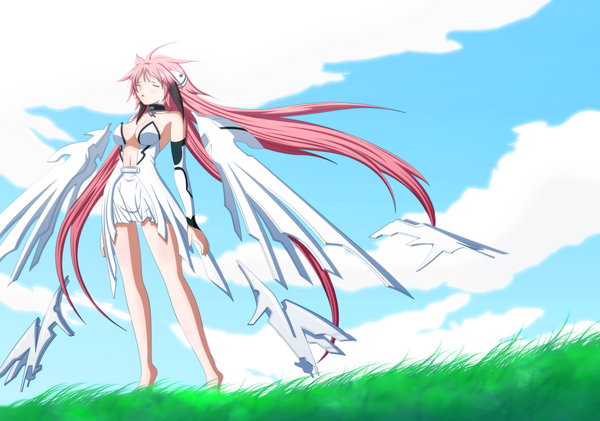 Anime picture 2500x1755 with sora no otoshimono ikaros dhako889 single highres pink hair sky cloud (clouds) eyes closed very long hair coloring mecha musume girl plant (plants) grass