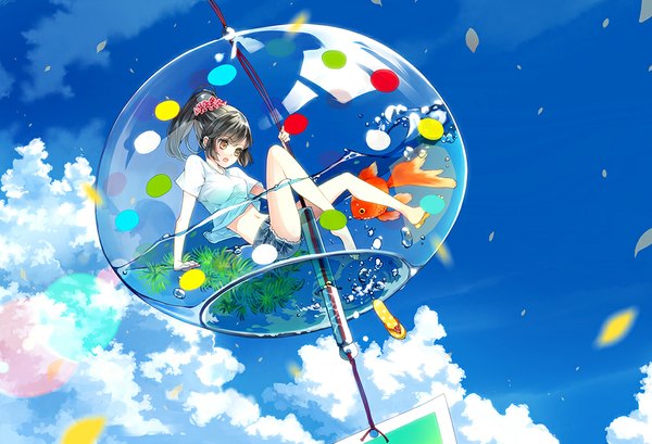 Anime picture 1000x682 with original komochi long hair blush fringe open mouth black hair brown eyes sky cloud (clouds) ponytail barefoot wind bare legs bare belly short sleeves wet no shoes girl plant (plants)