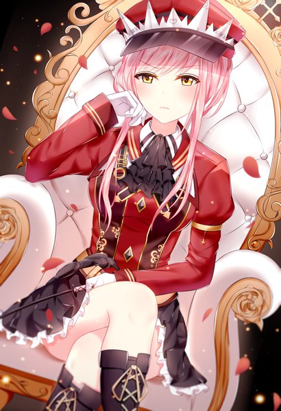 Anime picture 2313x3380 with fate (series) fate/grand order medb (fate) junpaku karen single long hair tall image blush fringe highres sitting yellow eyes payot looking away pink hair crossed legs >:( alluring chief warden look girl skirt