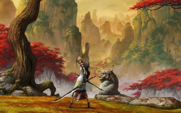 Anime picture 1920x1200 with asta: the war of tears and winds highres wide image mountain landscape autumn ambiguous gender girl weapon plant (plants) sword tree (trees) katana statue