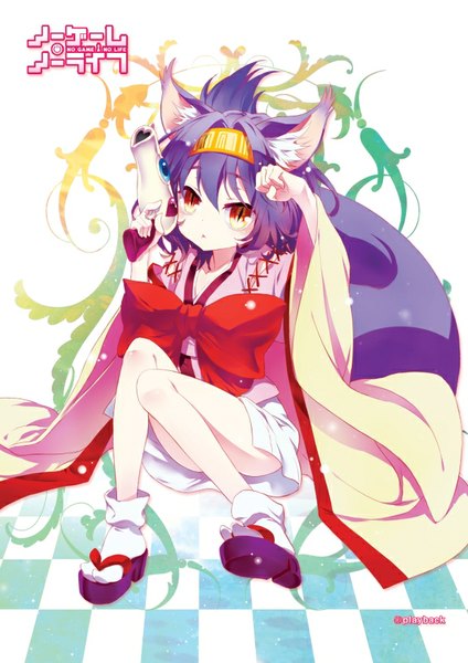 Anime picture 620x877 with no game no life madhouse hatsuse izuna playback (artist) single tall image looking at viewer short hair red eyes sitting signed animal ears purple hair tail animal tail copyright name checkered floor floor animal eyes girl