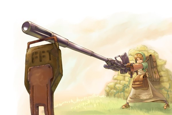 Anime picture 1500x1000 with mobile suit gundam gundam 08th ms team final fantasy final fantasy tactics sunrise (studio) square enix chemist (fft) momigara (mmgrkmnk) single short hair blonde hair white background brown eyes looking away clenched teeth girl weapon plant (plants) gun hood