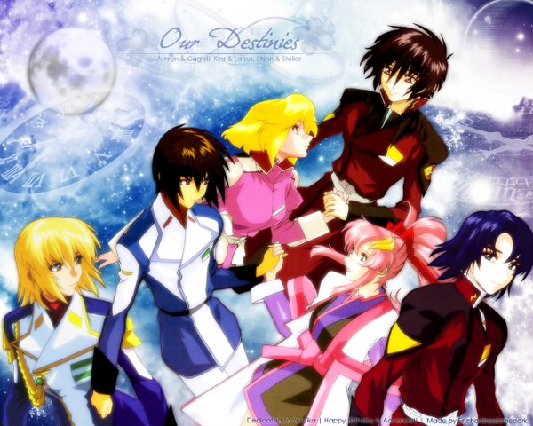 Anime picture 1280x1024 with mobile suit gundam gundam seed destiny sunrise (studio) lacus clyne kira yamato athrun zala cagalli yula athha shinn asuka stellar loussier long hair short hair open mouth blonde hair smile brown hair multiple girls green eyes signed blue hair pink hair