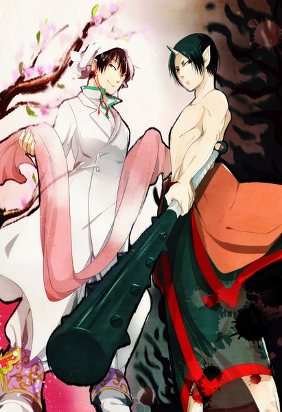 Anime picture 2804x4093 with hoozuki no reitetsu wit studio hoozuki (hoozuki no reitetsu) hakutaku (hoozuki no reitetsu) hkm (hsk10) tall image looking at viewer fringe highres short hair black hair smile brown hair standing holding looking away traditional clothes japanese clothes horn (horns) pointy ears