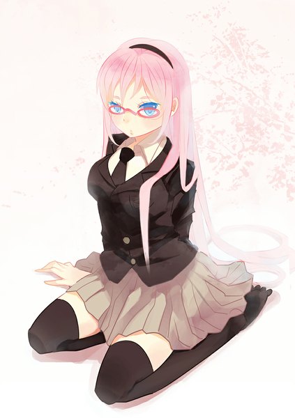 Anime picture 777x1102 with vocaloid megurine luka domotolain single long hair tall image looking at viewer blush blue eyes white background sitting pink hair from above no shoes girl thighhighs uniform black thighhighs school uniform glasses