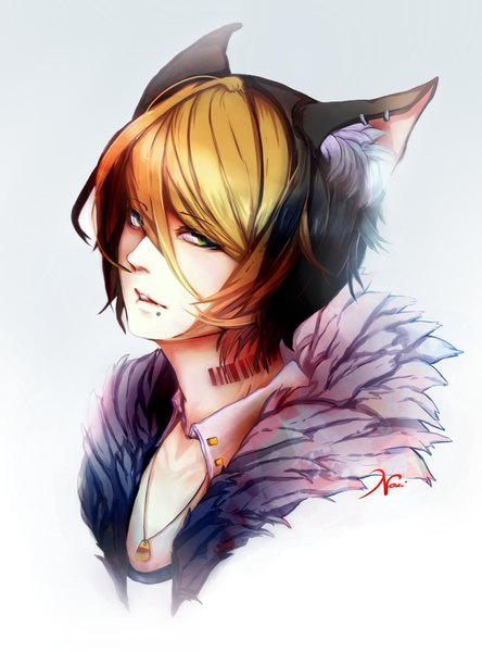 Anime picture 740x1000 with original tori-ru (artist) tall image looking at viewer black hair simple background blonde hair green eyes animal ears multicolored hair cat ears open clothes open jacket tattoo boy earrings jacket pendant barcode
