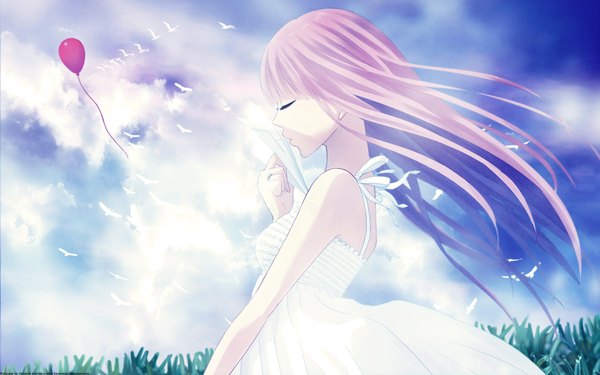 Anime picture 1920x1200 with vocaloid megurine luka yunomi (yunomi imonuy) single long hair highres wide image bare shoulders pink hair sky eyes closed profile girl dress animal bird (birds) balloon paper airplane