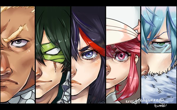 Anime picture 2880x1800 with kill la kill studio trigger matoi ryuuko jakuzure nonon gamagoori ira sanageyama uzu inumuta houka everyredqueen highres short hair blue eyes blonde hair multiple girls green eyes payot blue hair pink hair red hair pink eyes multicolored hair