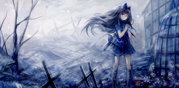 Anime picture 1200x593 with original hanchan single long hair looking at viewer blue eyes black hair smile wide image wind bare tree girl flower (flowers) bow plant (plants) hair bow tree (trees) rose (roses) blood knee boots