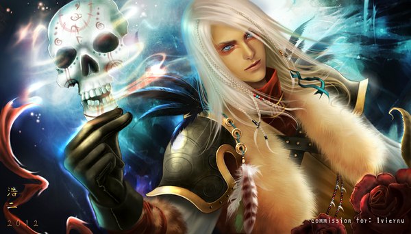 Anime picture 1120x639 with original k-koji single long hair blue eyes wide image signed white hair braid (braids) magic face paint boy gloves flower (flowers) armor rose (roses) fur feather (feathers) skull