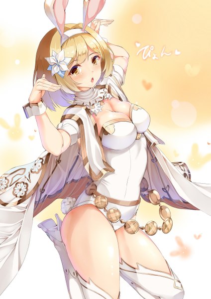 Anime picture 870x1230 with granblue fantasy gita (granblue fantasy) kasappi single tall image looking at viewer blush fringe short hair breasts open mouth light erotic simple background blonde hair large breasts animal ears yellow eyes cleavage bent knee (knees) tail