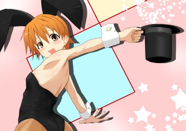 Anime picture 1273x900 with working!! a-1 pictures inami mahiru short hair open mouth light erotic yellow eyes orange hair bunny ears girl hat bunnysuit top hat