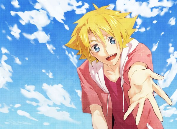Anime picture 1100x806 with cardfight!! vanguard miwa taishi shionin single short hair open mouth blue eyes blonde hair smile sky cloud (clouds) boy hoodie