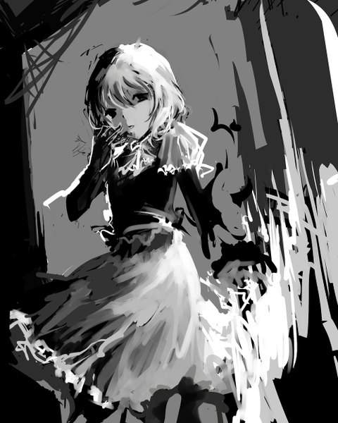Anime picture 1000x1250 with touhou remilia scarlet mark (abenyugu) single tall image looking at viewer short hair grey hair black eyes monochrome hand on face girl dress animal frills bat spider web