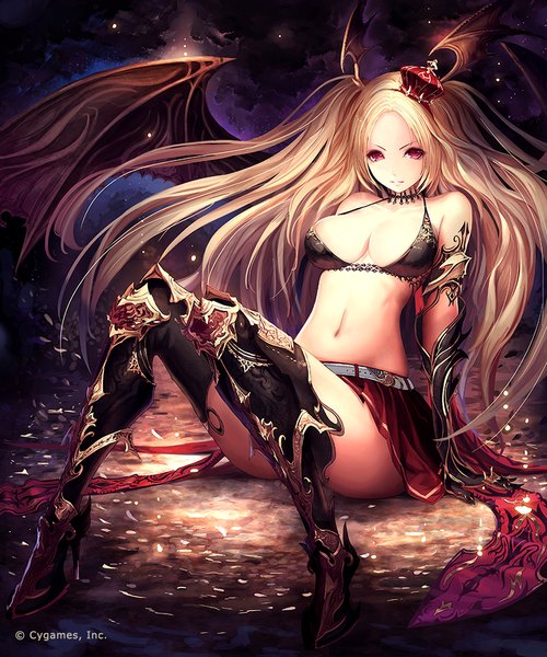 Anime picture 833x1000 with shingeki no bahamut tachikawa mushimaro (bimo) single long hair tall image looking at viewer highres breasts light erotic blonde hair red eyes sitting bare shoulders absurdres cleavage scan bare belly head wings girl thighhighs