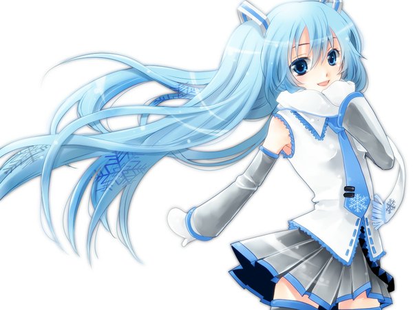 Anime picture 1024x768 with vocaloid hatsune miku yuki miku yuki miku (2011) single long hair open mouth blue eyes simple background white background twintails blue hair girl skirt hair ornament detached sleeves miniskirt necktie scarf