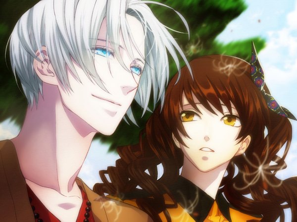 Anime picture 1280x957 with dandelion: wishes brought to you ji-hae heejyung cheritz long hair fringe short hair open mouth blue eyes smile brown hair yellow eyes looking away sky wind grey hair scan couple girl boy