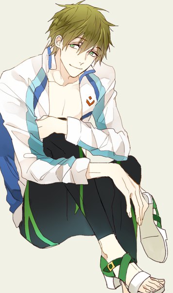 Anime picture 580x976 with free! kyoto animation tachibana makoto shijima tohiro single tall image fringe short hair simple background smile hair between eyes green eyes looking away green hair grey background boy sandals sports jacket swimming trunks