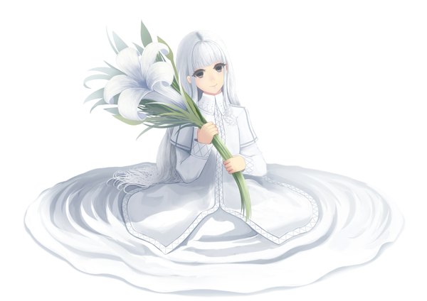Anime picture 1745x1234 with original bounin single long hair looking at viewer fringe highres smile white background white hair black eyes girl dress flower (flowers) white dress lily (flower)