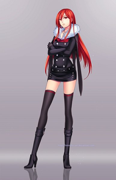 Anime picture 600x928 with original zenithomocha single long hair tall image fringe breasts red eyes standing red hair high heels zettai ryouiki reflection crossed arms girl thighhighs gloves black thighhighs black gloves pendant