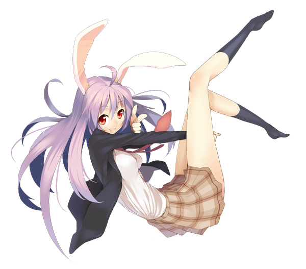 Anime picture 1647x1447 with touhou reisen udongein inaba kasuga ayumu (haruhipo) single long hair simple background smile red eyes white background animal ears purple hair ahoge pleated skirt barefoot bunny ears plaid skirt bunny girl pointing girl miniskirt