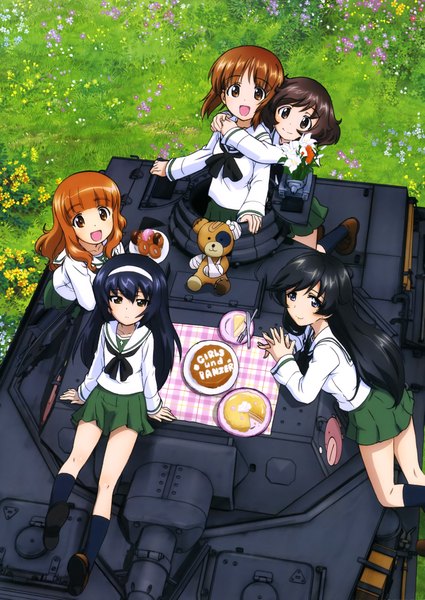 Anime picture 2893x4083 with girls und panzer nishizumi miho akiyama yukari takebe saori reizei mako isuzu hana boko (girls und panzer) long hair tall image looking at viewer highres short hair open mouth black hair smile brown hair multiple girls brown eyes black eyes scan