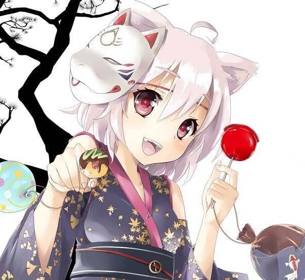 Anime picture 1611x1481 with touhou inubashiri momiji genkai77 single fringe short hair open mouth hair between eyes red eyes animal ears ahoge upper body white hair traditional clothes japanese clothes mask on head girl plant (plants) detached sleeves tree (trees)