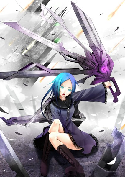 Anime picture 2000x2828 with original reio reio single long hair tall image highres open mouth blue eyes sitting blue hair girl dress weapon boots