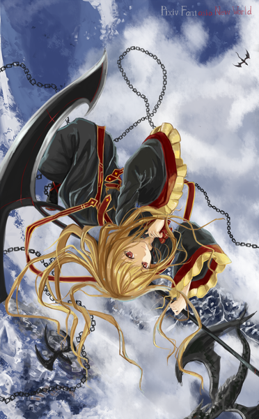 Anime picture 930x1500 with original pixiv fantasia pixiv fantasia new world yingji (zszero) single long hair tall image looking at viewer blonde hair red eyes sky cloud (clouds) girl dress weapon chain dragon scythe
