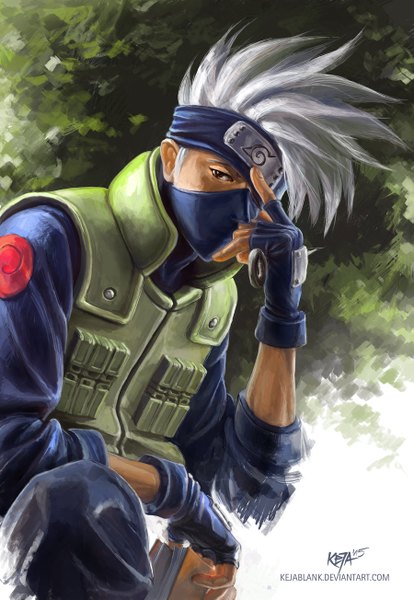 Anime picture 900x1303 with naruto studio pierrot naruto (series) hatake kakashi kejablank single tall image looking at viewer short hair brown eyes signed grey hair covering eye (eyes) boy gloves weapon fingerless gloves book (books) bandana forehead protector