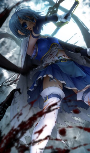 Anime picture 704x1200 with mahou shoujo madoka magica shaft (studio) miki sayaka mutsuki (moonknives) single tall image fringe short hair breasts blue eyes standing holding pleated skirt aqua hair from below bloody clothes bloody weapon torn girl thighhighs