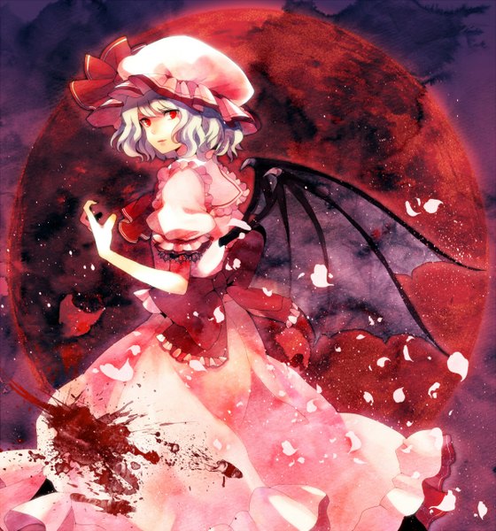 Anime picture 1200x1285 with touhou remilia scarlet azure starblue (artist) single tall image short hair red eyes silver hair red moon girl dress bow petals wings blood bonnet