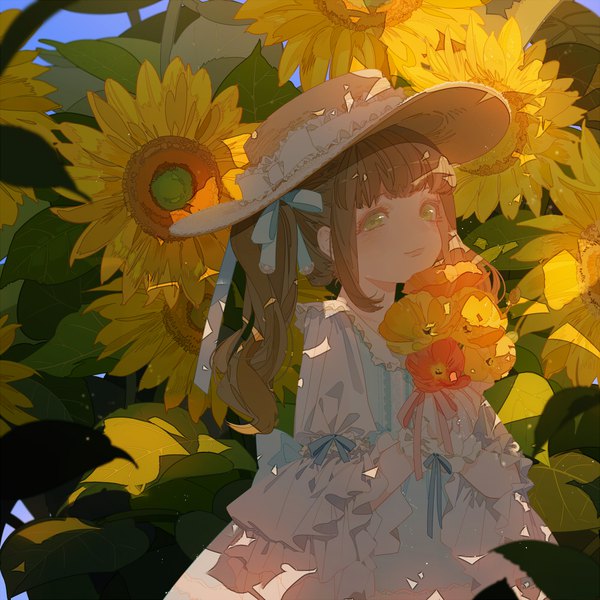 Anime picture 1000x1000 with original moca (p0ckylo) single long hair looking at viewer blush fringe brown hair twintails holding green eyes payot sky upper body outdoors summer girl dress flower (flowers) bow