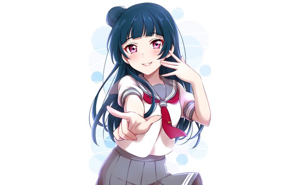Anime picture 3040x1900 with love live! sunshine!! sunrise (studio) love live! tsushima yoshiko sekina single long hair looking at viewer blush fringe highres open mouth simple background smile white background blue hair blunt bangs pleated skirt pink eyes arm up